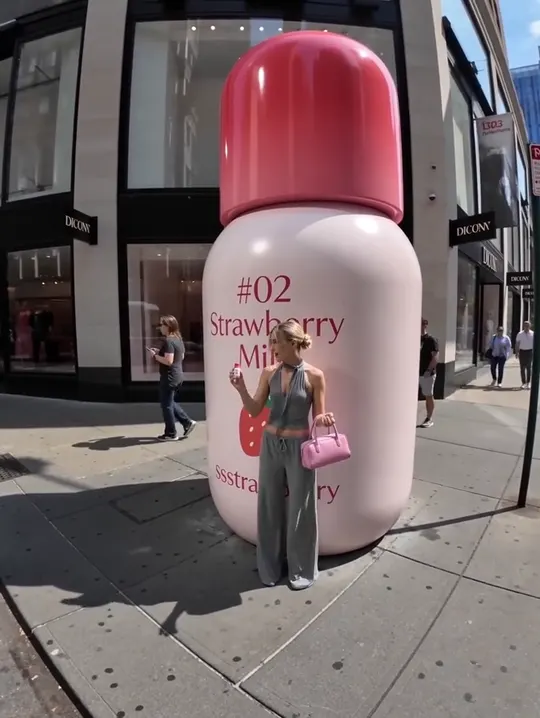 A giant inflatable Strawberry Milk bottle on a city sidewalk
