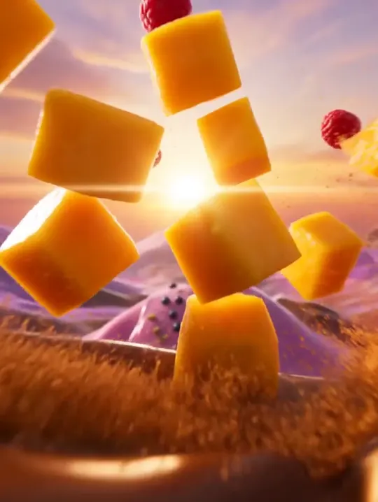 Mango cubes and berries falling in a rendered product scene