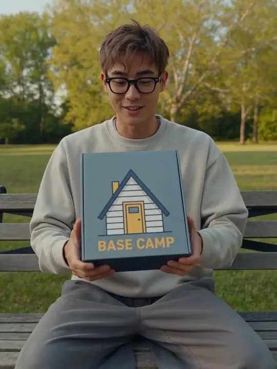 A man on a park bench holding a Base Camp subscription box